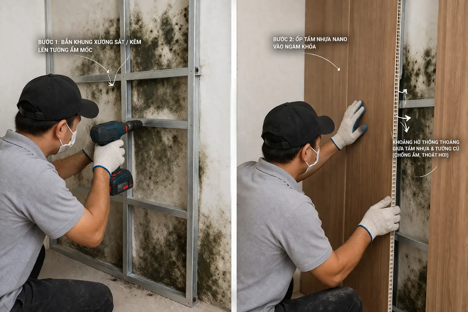 Thi công tấm nhựa ốp tường chữa bệnh ẩm mốc tường nhà