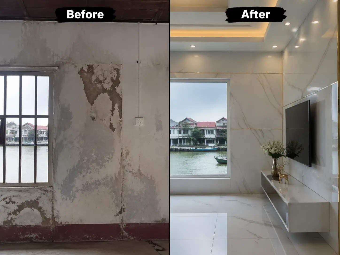 Thi công tấm nhựa vân đá cải tạo tường bong tróc tại Bến Tre.