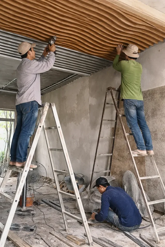 Thi công trần nhựa lam sóng Trà Vinh tại nhà dân đang sửa thực tế