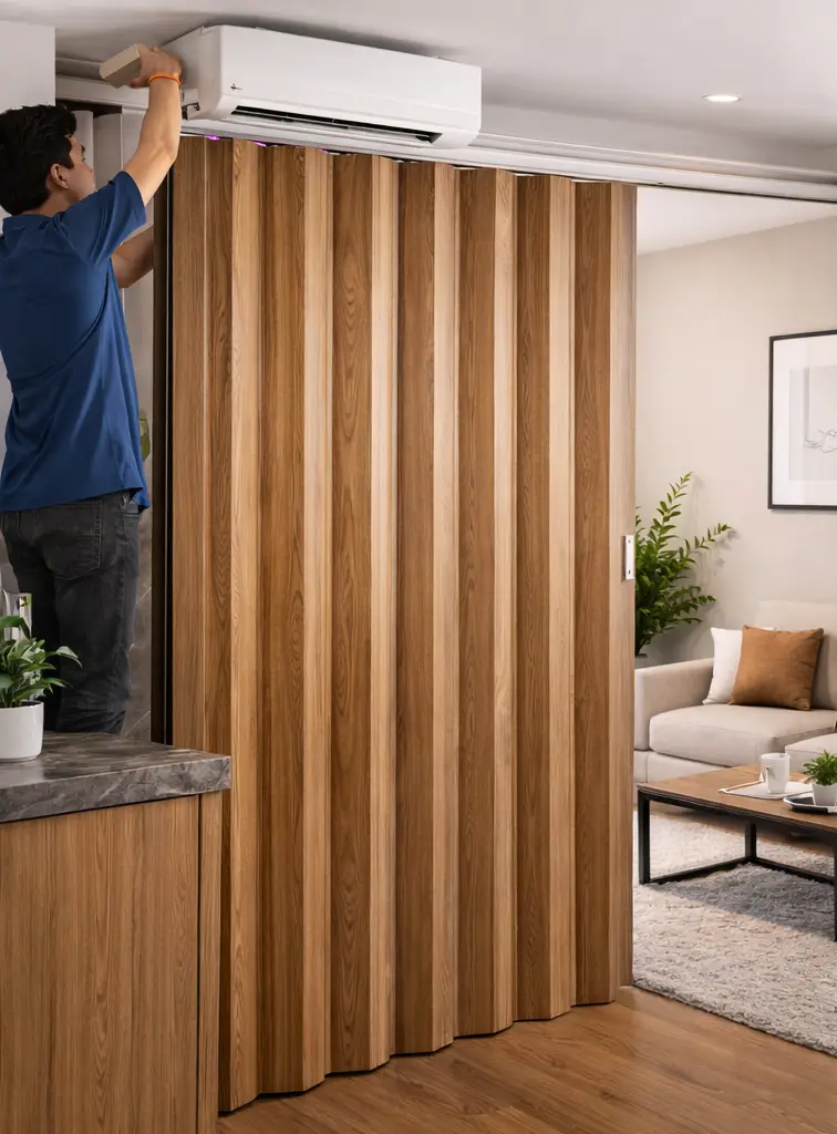  Thi công vách nhựa xếp vân gỗ ngăn lạnh phòng khách