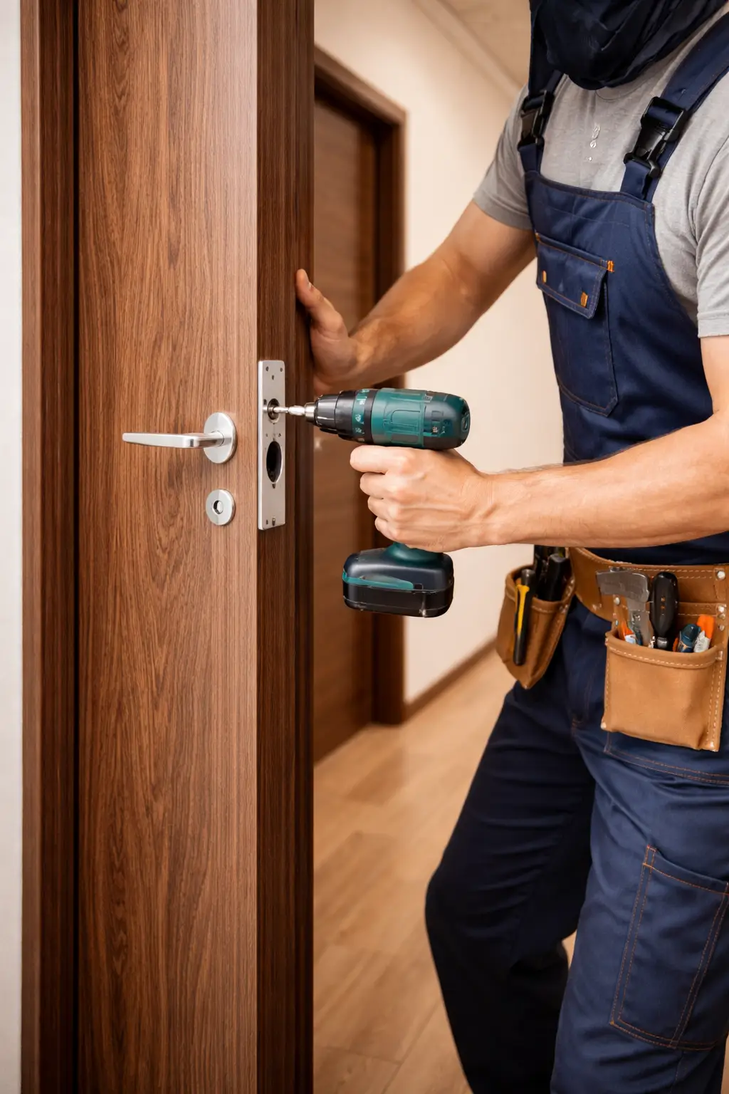 Thi công khóa tay gạt phụ kiện inox trên bề mặt cửa nhựa cao cấp