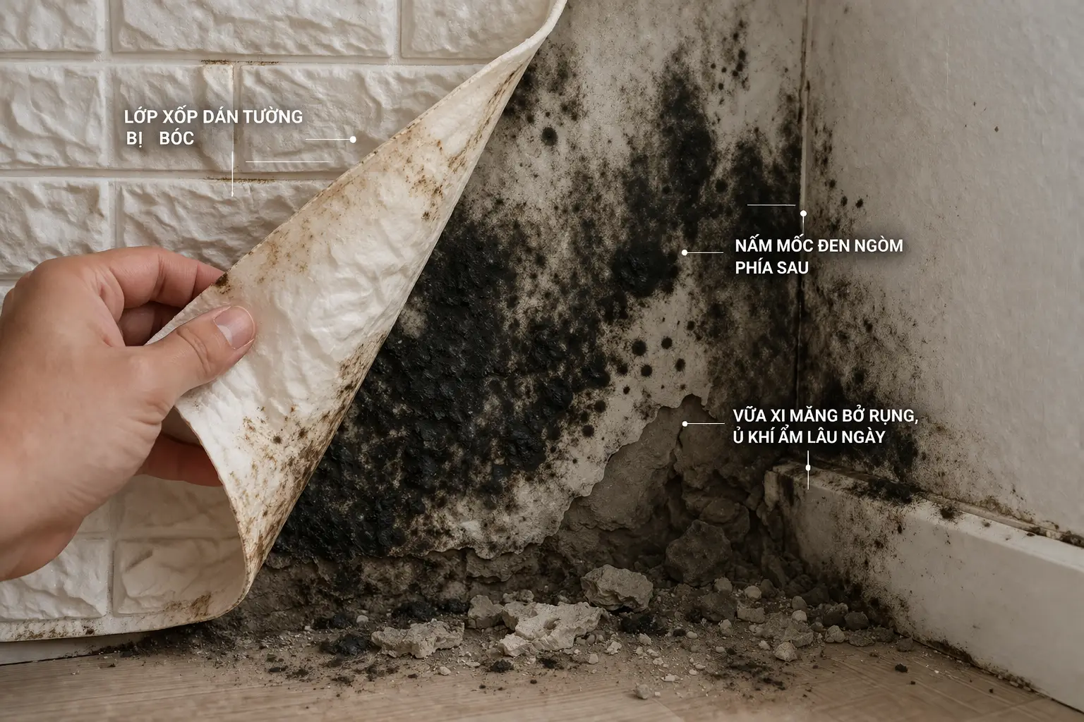 Tường bị ẩm mốc đen ngòm phía sau lớp xốp dán tường