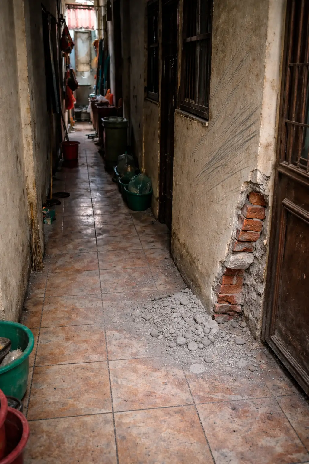 Tường nhà bị trầy xước lở loét do vận chuyển tấm Cemboard cồng kềnh qua lối đi hẹp