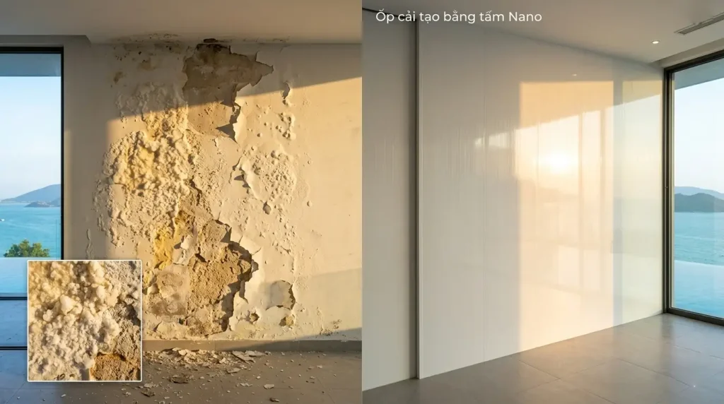 Tường nhà cấp 4 bị muối hóa trị dứt điểm bằng tấm nhựa Nano