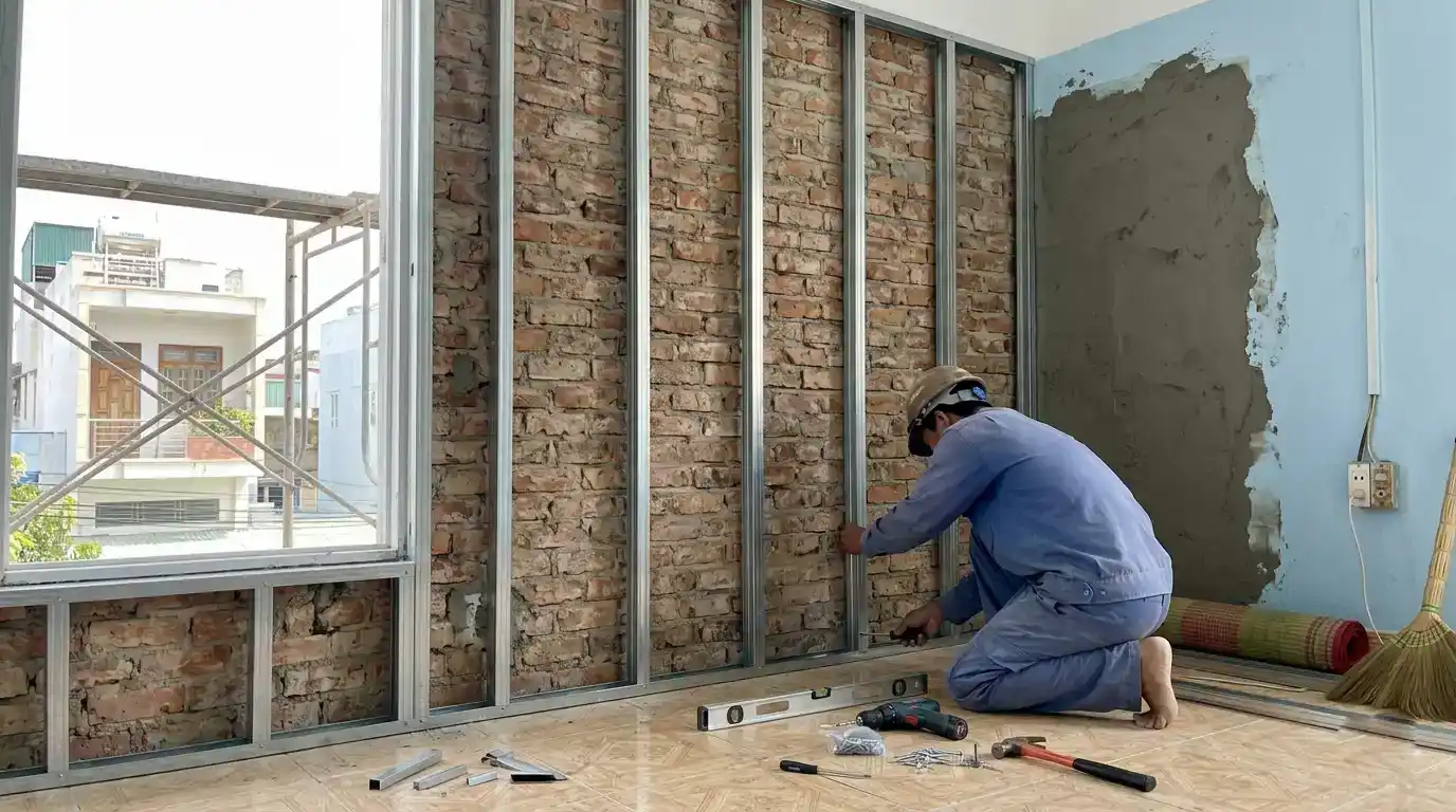 Kỹ thuật thi công khung xương kẽm chống rỉ cách tường cũ tạo khe thở đối lưu khí
