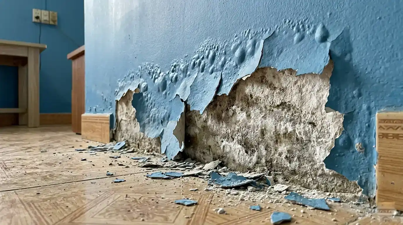 Lớp sơn chống thấm cũ bị phồng rộp và bong tróc lả tả do tường ẩm móng