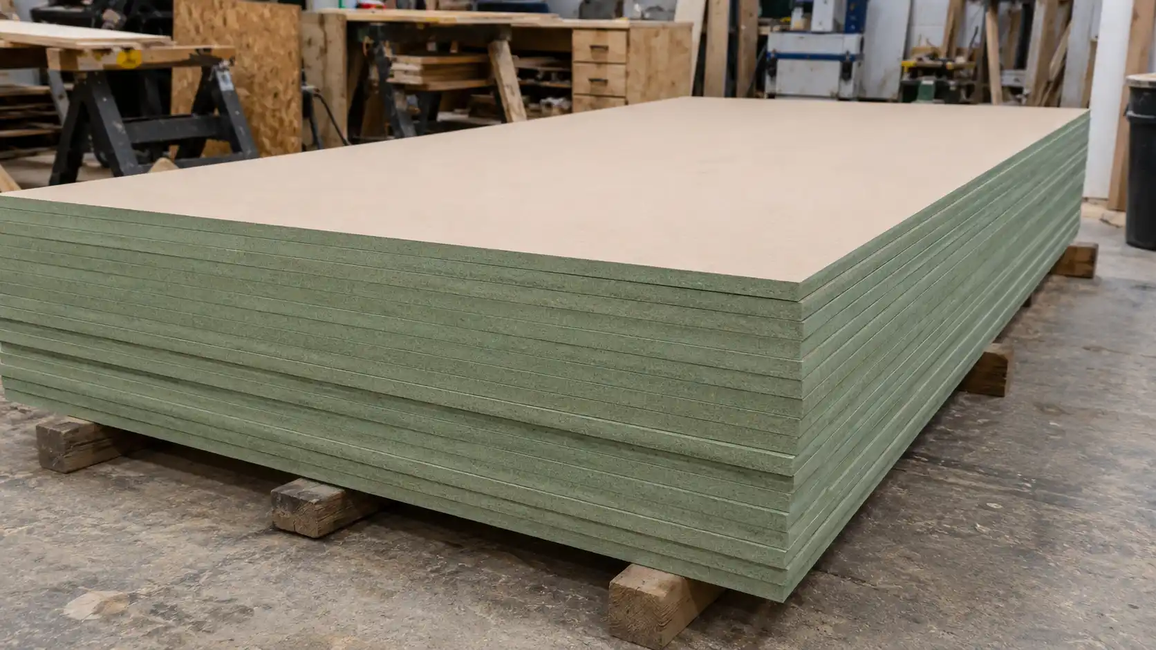 Tấm gỗ công nghiệp MDF lõi xanh chống ẩm trong xưởng mộc