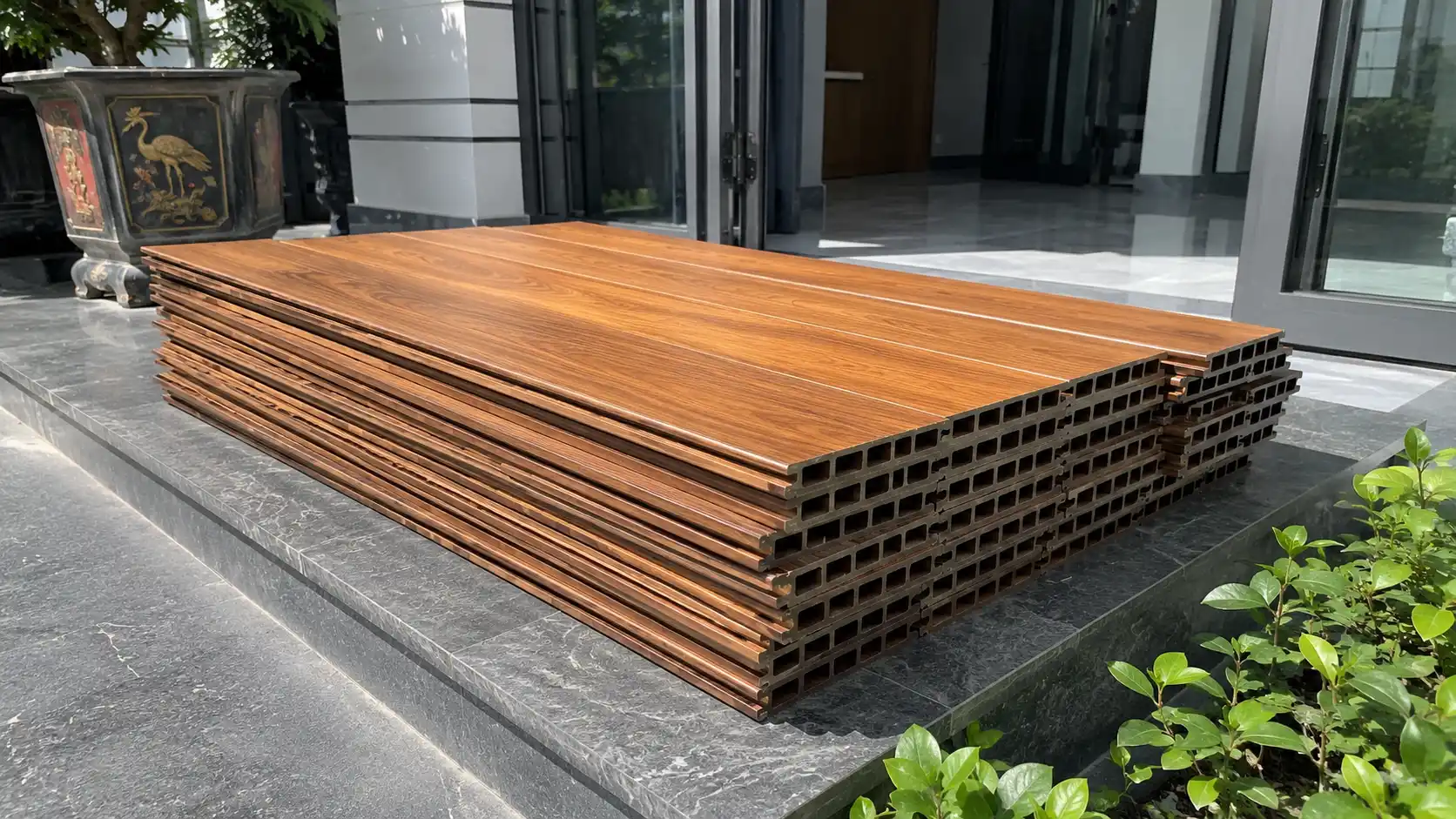 Tấm nhựa lót sàn gác lửng vân gỗ teak cao cấp bóng đẹp sẵn tại kho Nam Tiến