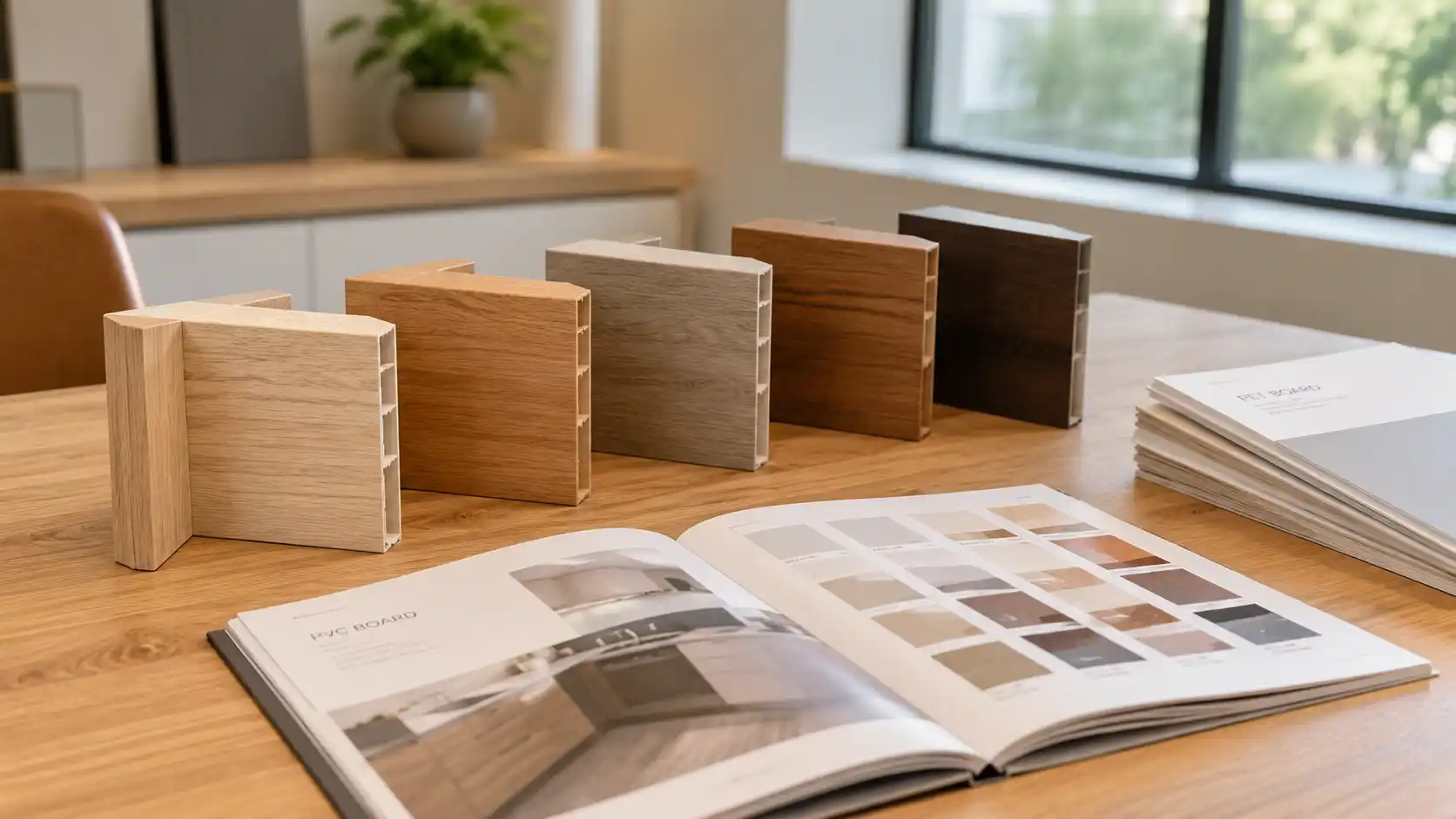 Kệ trưng bày mẫu góc phôi nhựa và catalogue vân gỗ tại phòng mẫu