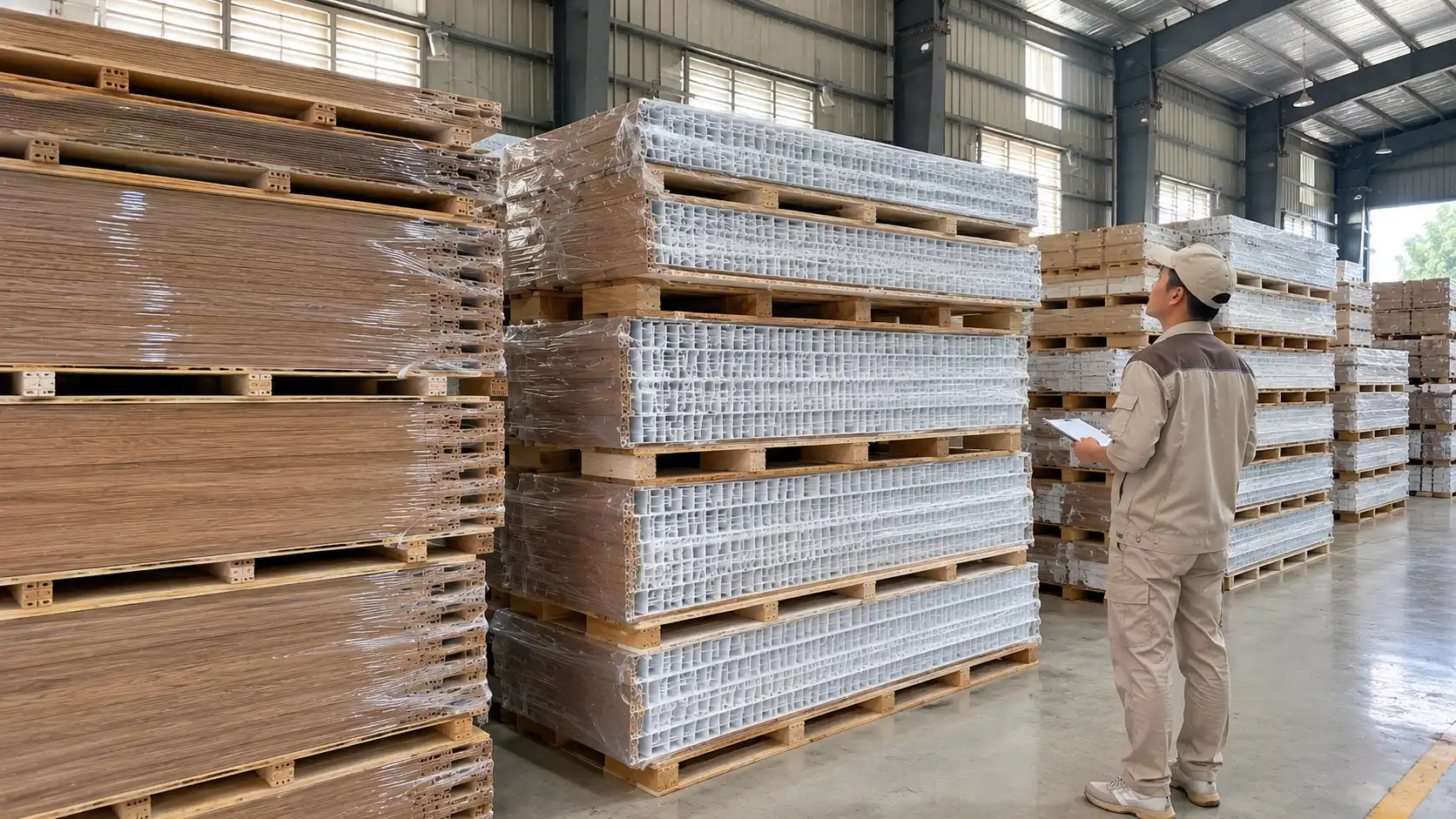 Kho hàng lưu trữ phôi cửa nhựa Mivi Composite đúc dày tại tổng kho Nam Tiến Cần Thơ