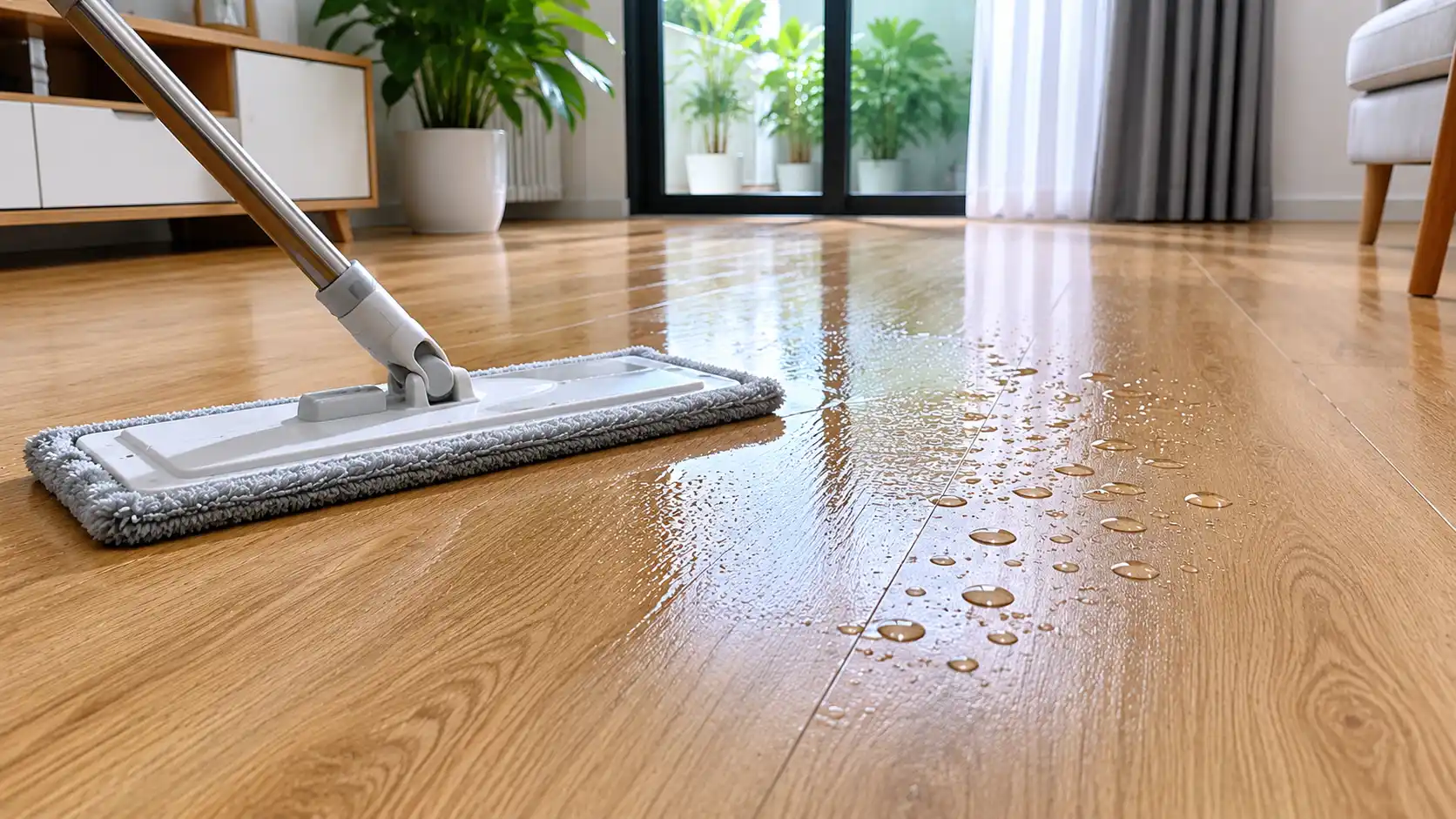 Lau dọn nước tràn trên nền sàn nhựa hèm khóa SPC phẳng thẳng