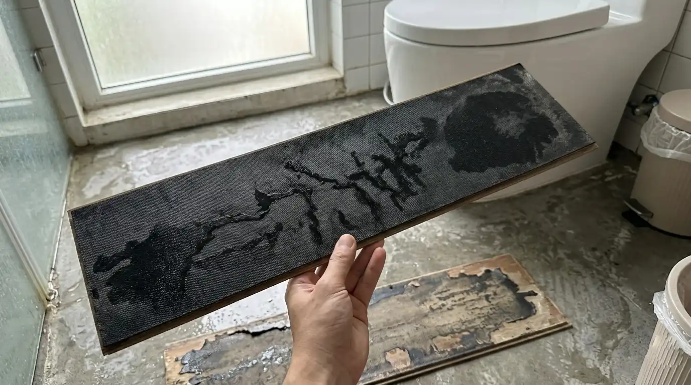Mặt dưới tấm sàn hèm khóa bị đọng nước thối mốc ở lớp đế cao su