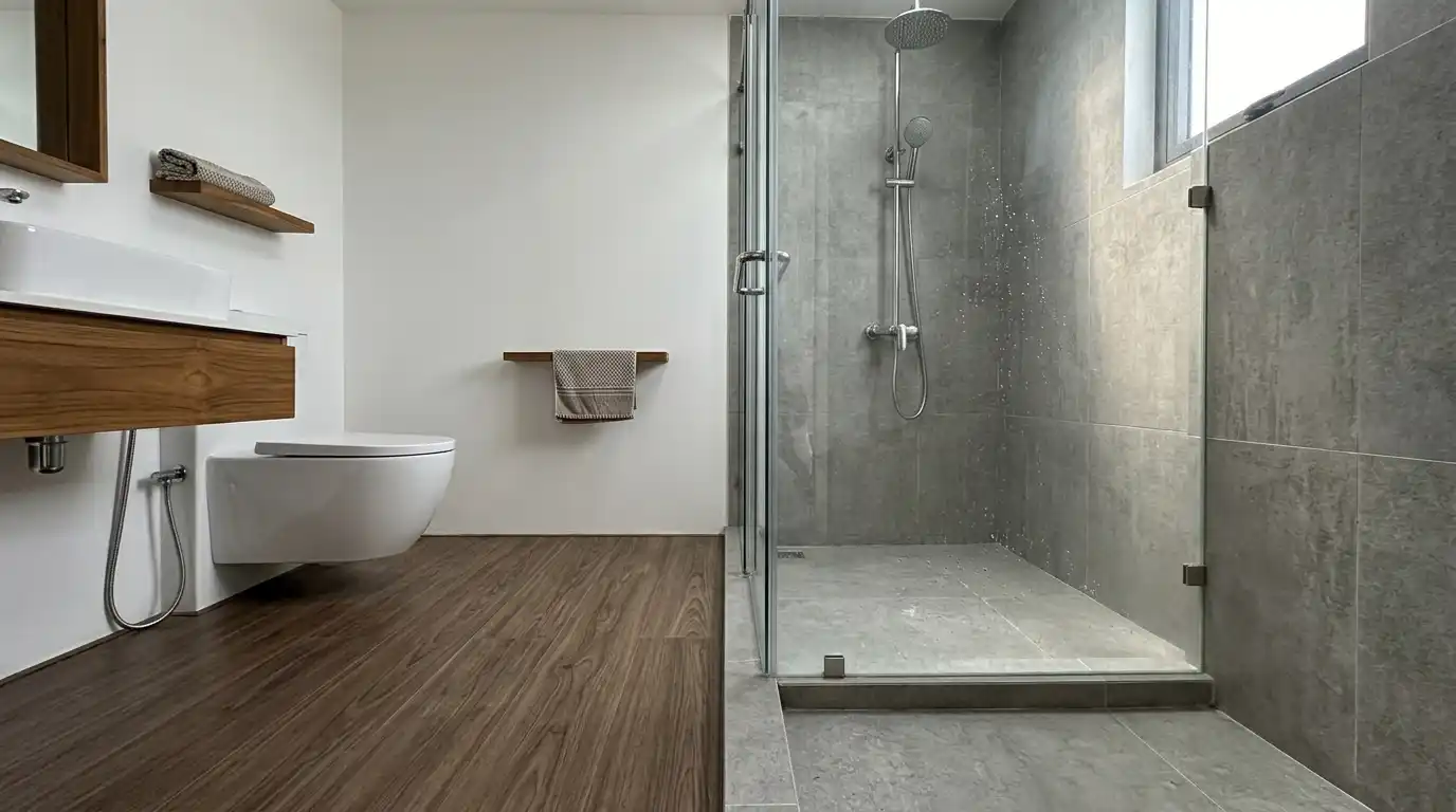 Phân chia khu khô lát sàn nhựa giả gỗ và khu ướt lát gạch men trong phòng tắm