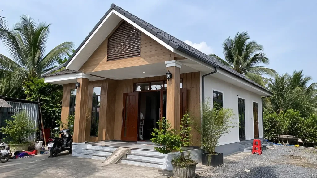 Tấm ốp tường nhà tiền chế miền Tây bằng nhựa giả gỗ ngoài hiên