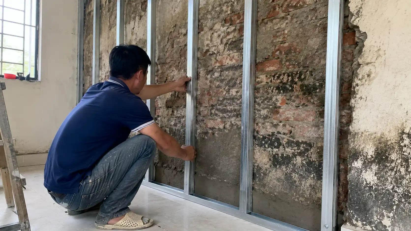  Thi công hệ khung xương sắt kẽm độc lập chống ẩm ngược cho vách tường