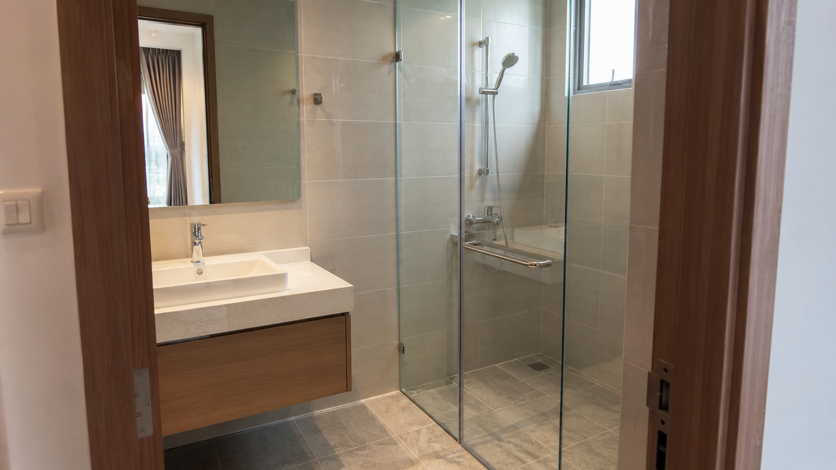 Thiết kế nhà vệ sinh có vách kính giúp giữ cửa luôn khô ráo và tăng độ bền