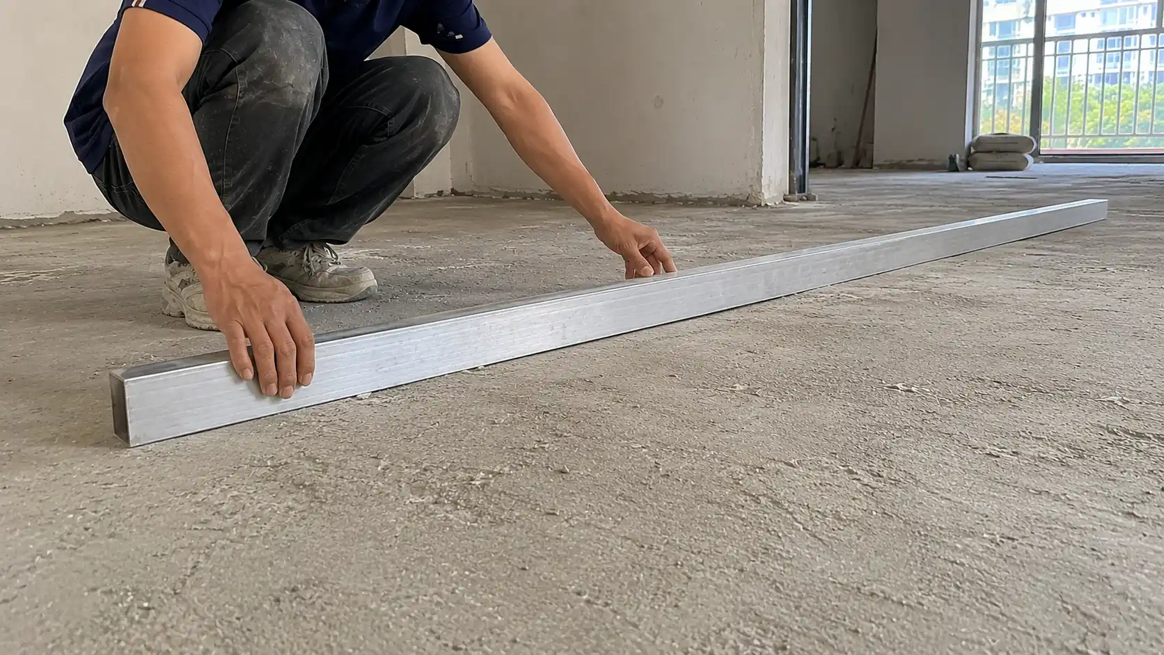 Thợ thi công dùng thanh nhôm hộp kiểm tra độ phẳng cốt nền bê tông thô