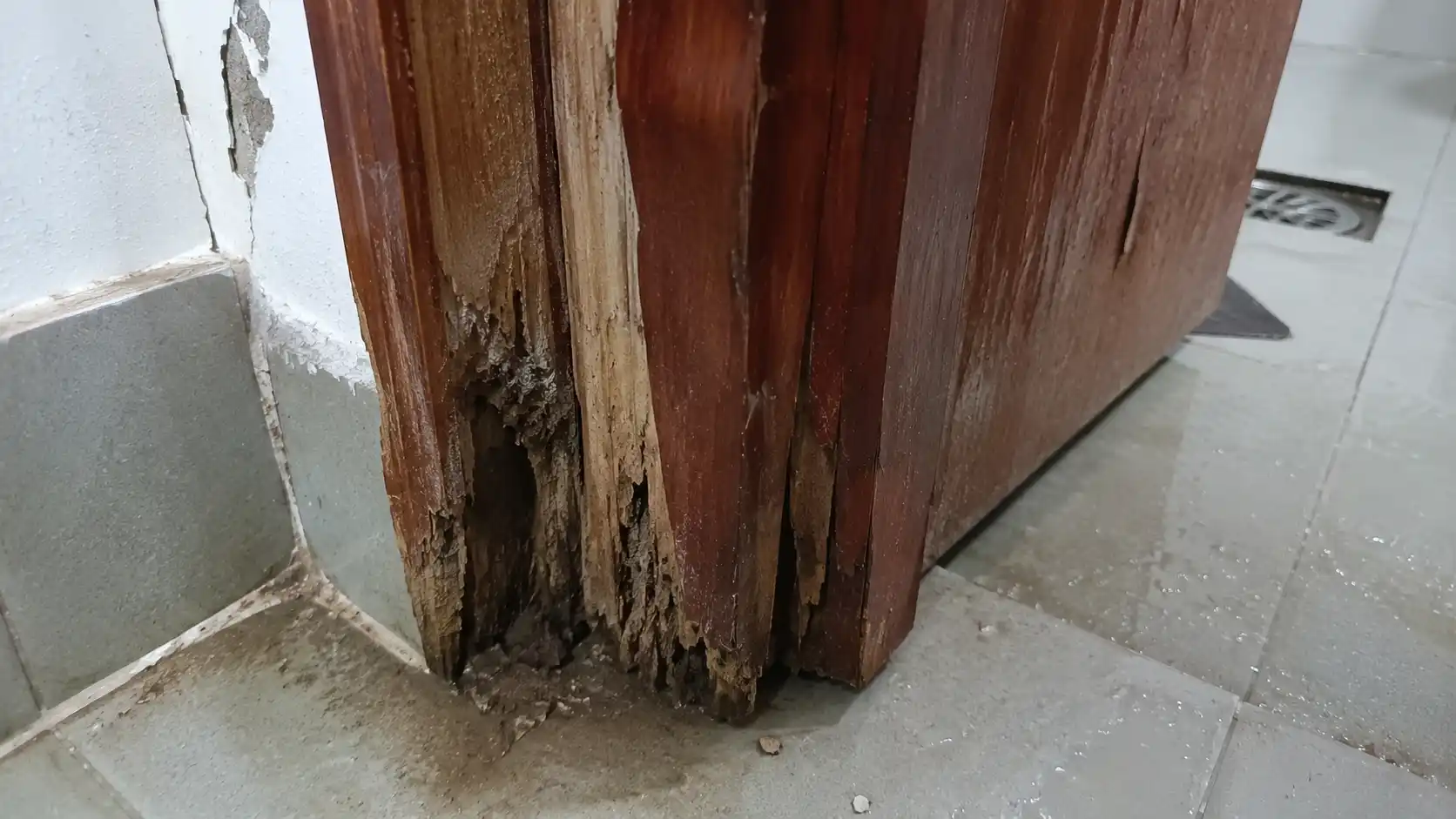 Tình trạng mục chân cửa gỗ công nghiệp do thấm nước lau nhà