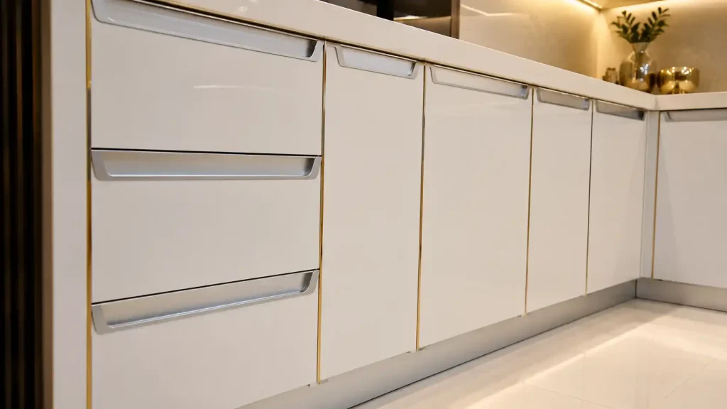 Các loại phụ kiện tay nắm nhôm vát âm và nẹp trang trí lắp hoàn thiện trên tủ bếp nhựa, phụ kiện tủ bếp nhựa miền tây