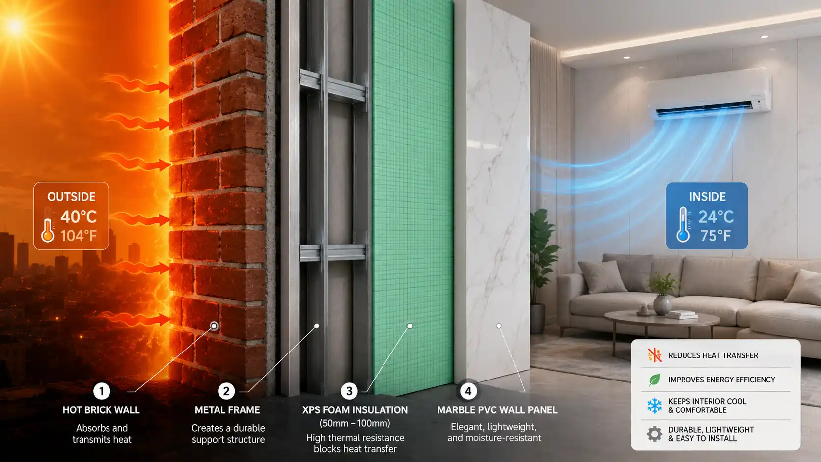 Cấu tạo hệ vách ốp nhựa PVC kết hợp xốp XPS cách nhiệt