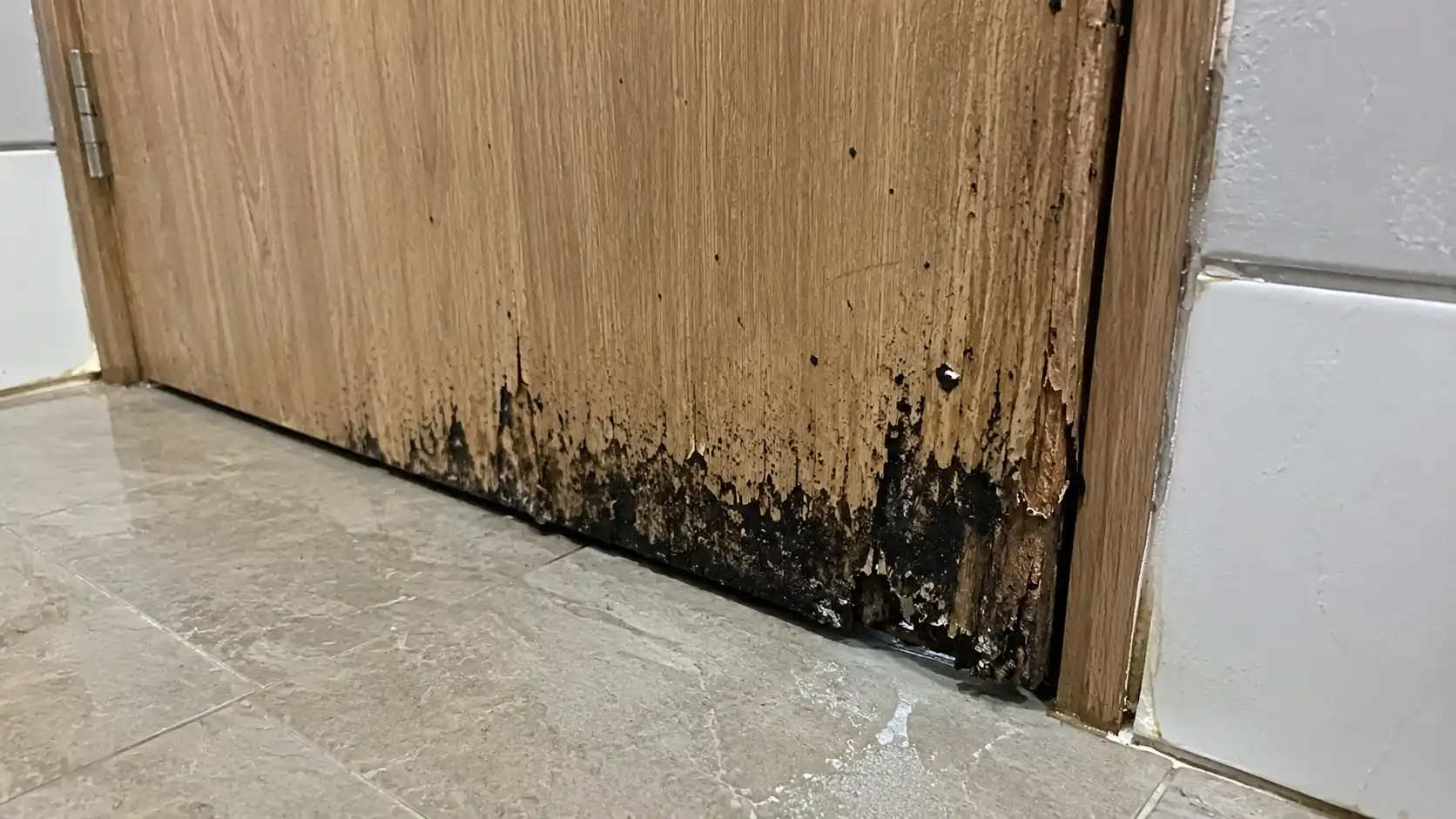 Chân cửa gỗ ép nhà vệ sinh bị trương nở và nấm mốc đen do ngấm nước