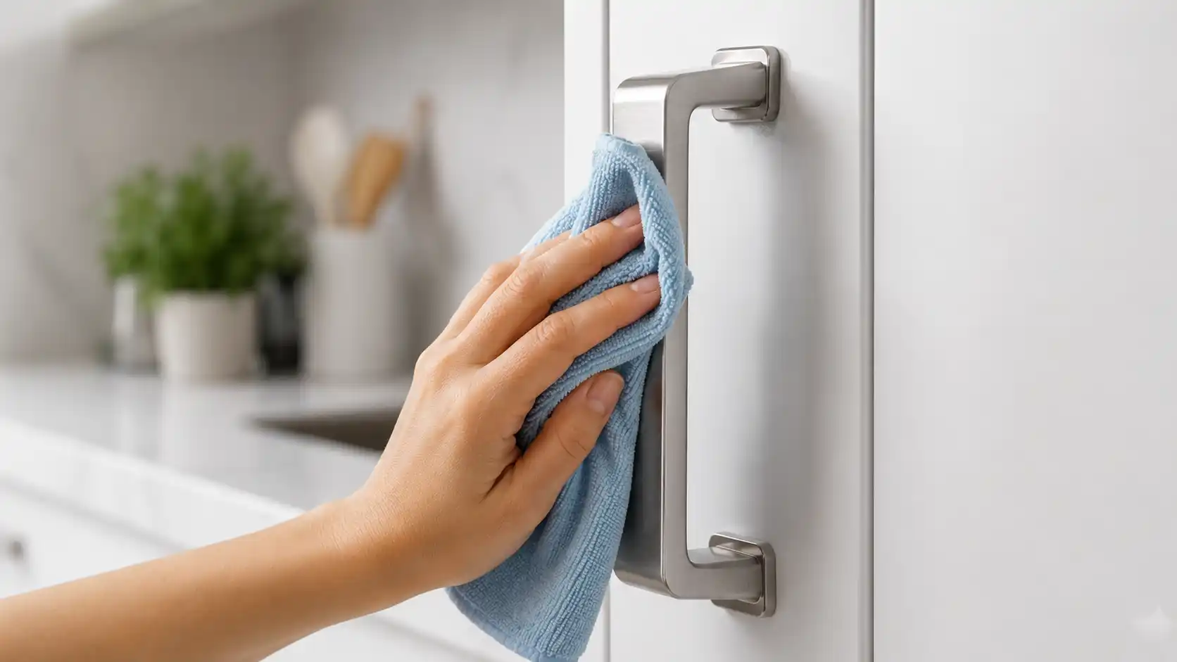 Dùng khăn mềm vệ sinh tay nắm tủ bếp để tránh làm xước bề mặt