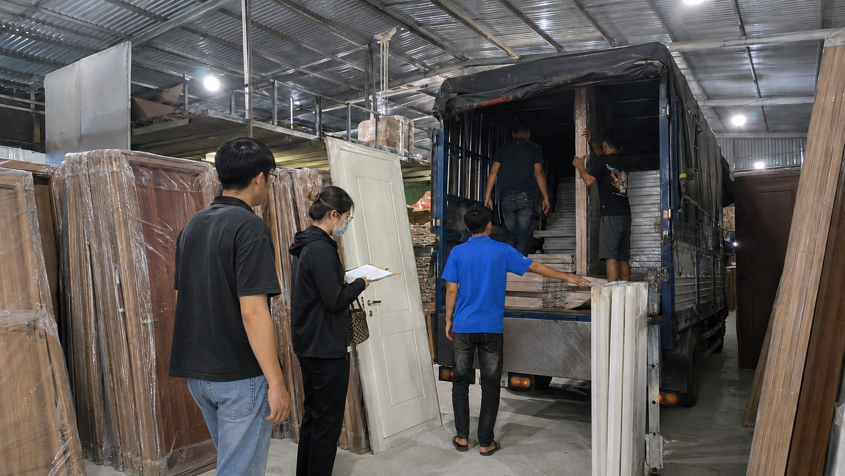 Khách hàng kiểm tra mặt cắt lõi phôi cửa nhựa trực tiếp tại Tổng Kho Nam Tiến Cần Thơ