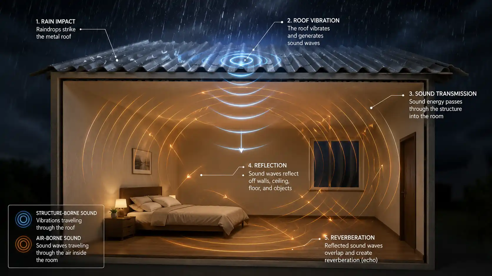 Khoảng không gian trống dưới mái nhà đóng vai trò như hộp cộng hưởng âm thanh.