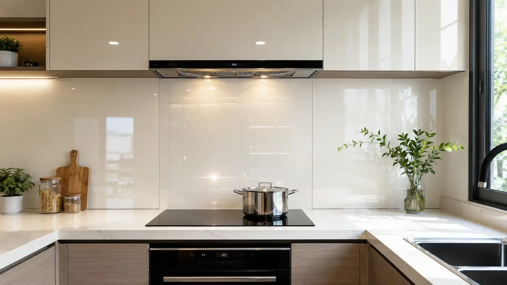 Khu vực bếp nấu nướng ốp tấm nhựa bề mặt láng mịn tráng UV dễ dàng lau chùi vết bẩn