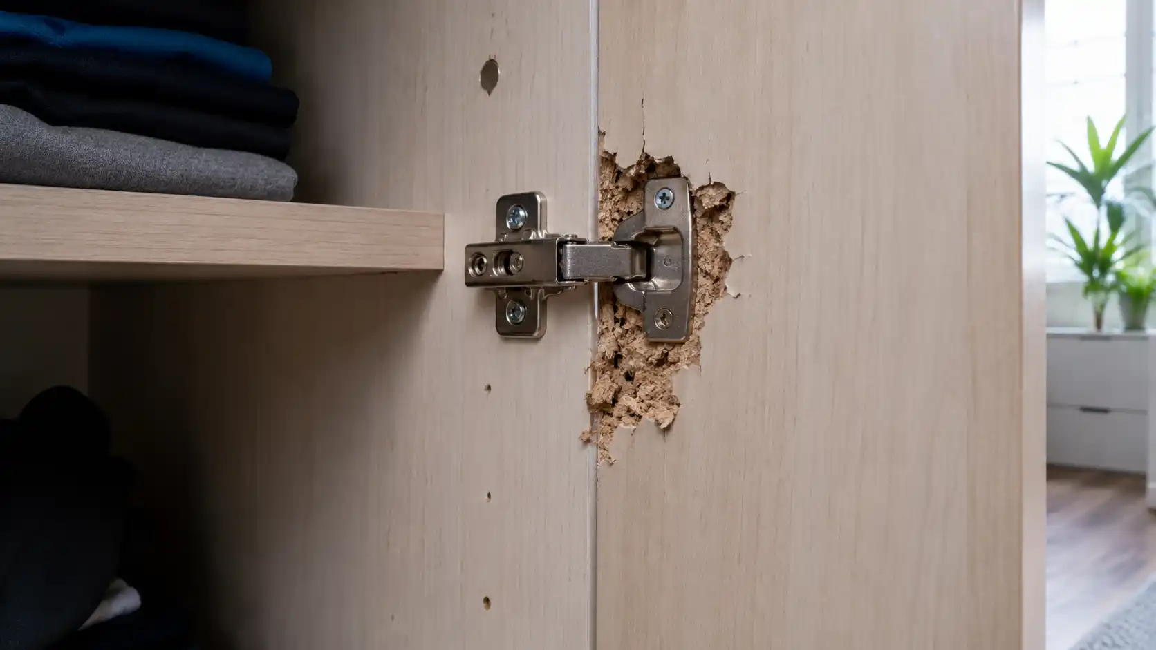Lỗ vít bản lề rách do hiện tượng bở cốt gỗ MDF
