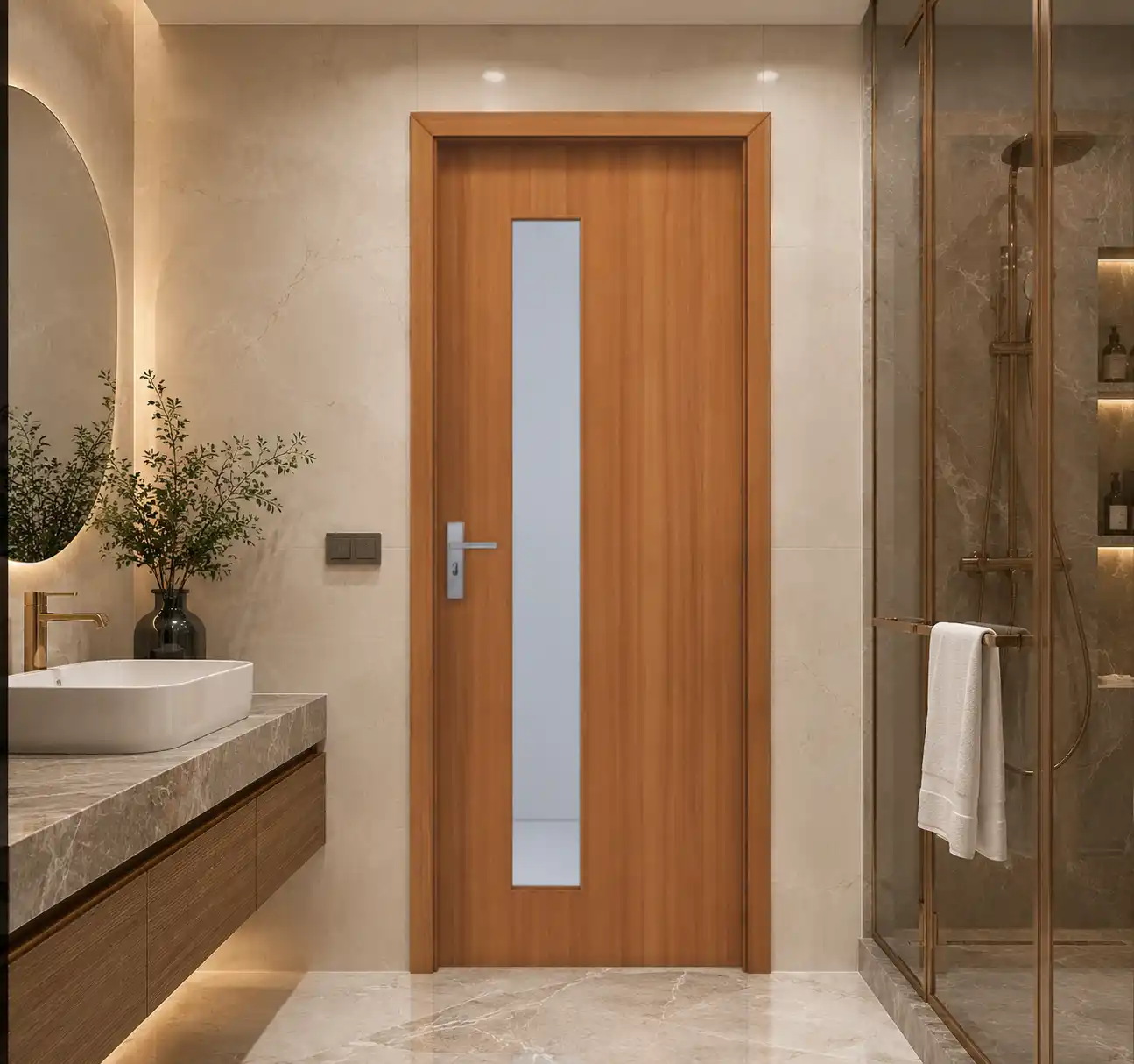 Mẫu cửa nhựa composite vân gỗ lắp đặt hoàn thiện cho nhà vệ sinh