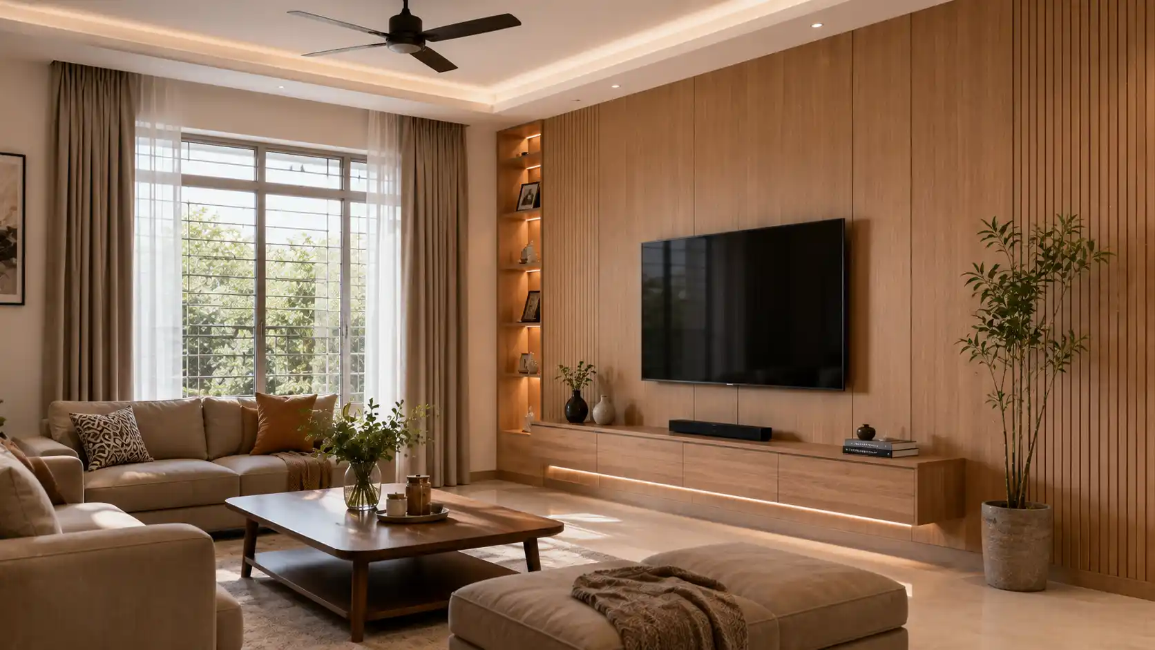 Tấm nhựa ốp tường lắp đặt đúng môi trường phòng khách nội thất thoáng mát