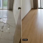 Tình trạng gạch men nứt vỡ và mặt sàn nhựa cải tạo sạch sẽ, cải tạo nền gạch phòng trọ