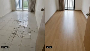 Tình trạng gạch men nứt vỡ và mặt sàn nhựa cải tạo sạch sẽ, cải tạo nền gạch phòng trọ