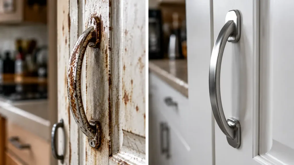 Tình trạng tay nắm tủ bếp bị rỉ sét và tay nắm inox sáng bóng