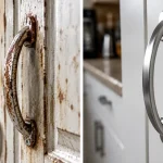 Tình trạng tay nắm tủ bếp bị rỉ sét và tay nắm inox sáng bóng