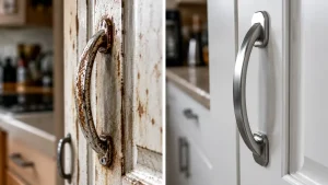 Tình trạng tay nắm tủ bếp bị rỉ sét và tay nắm inox sáng bóng