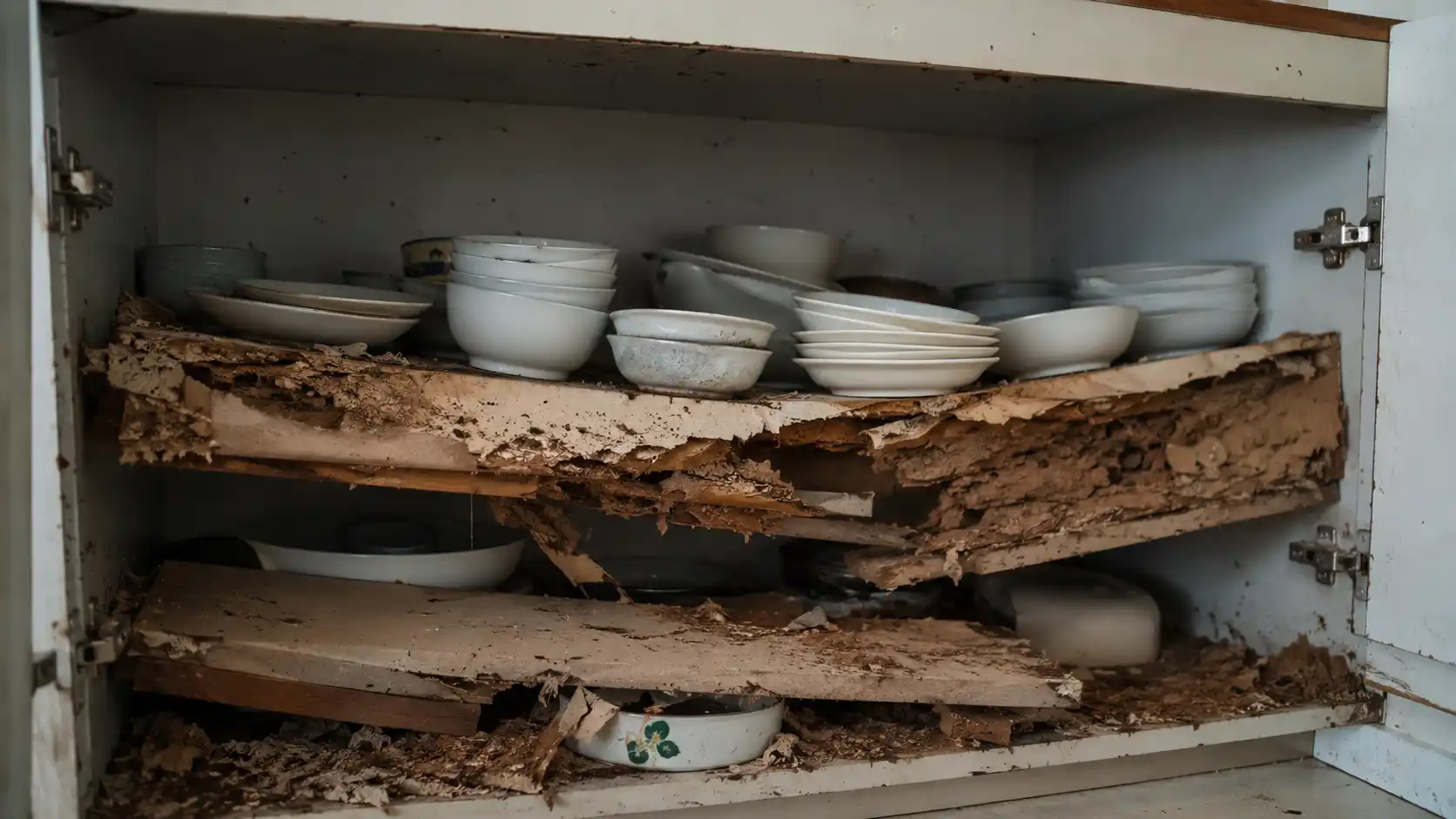 Tủ bếp gỗ MDF bị sập do mối mọt ăn rỗng ruột