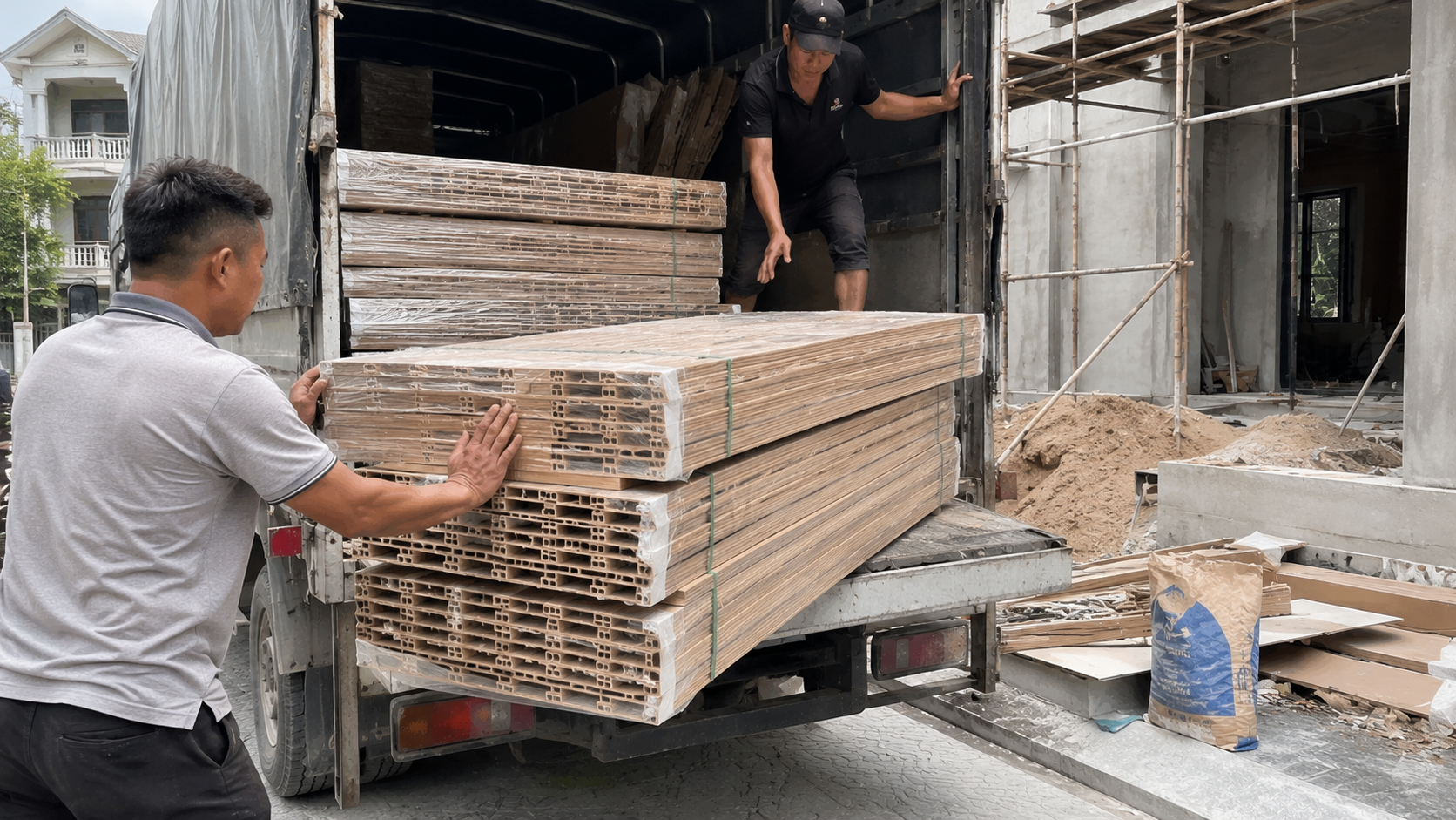 Vận chuyển vật tư tấm ốp tường đến công trình cải tạo