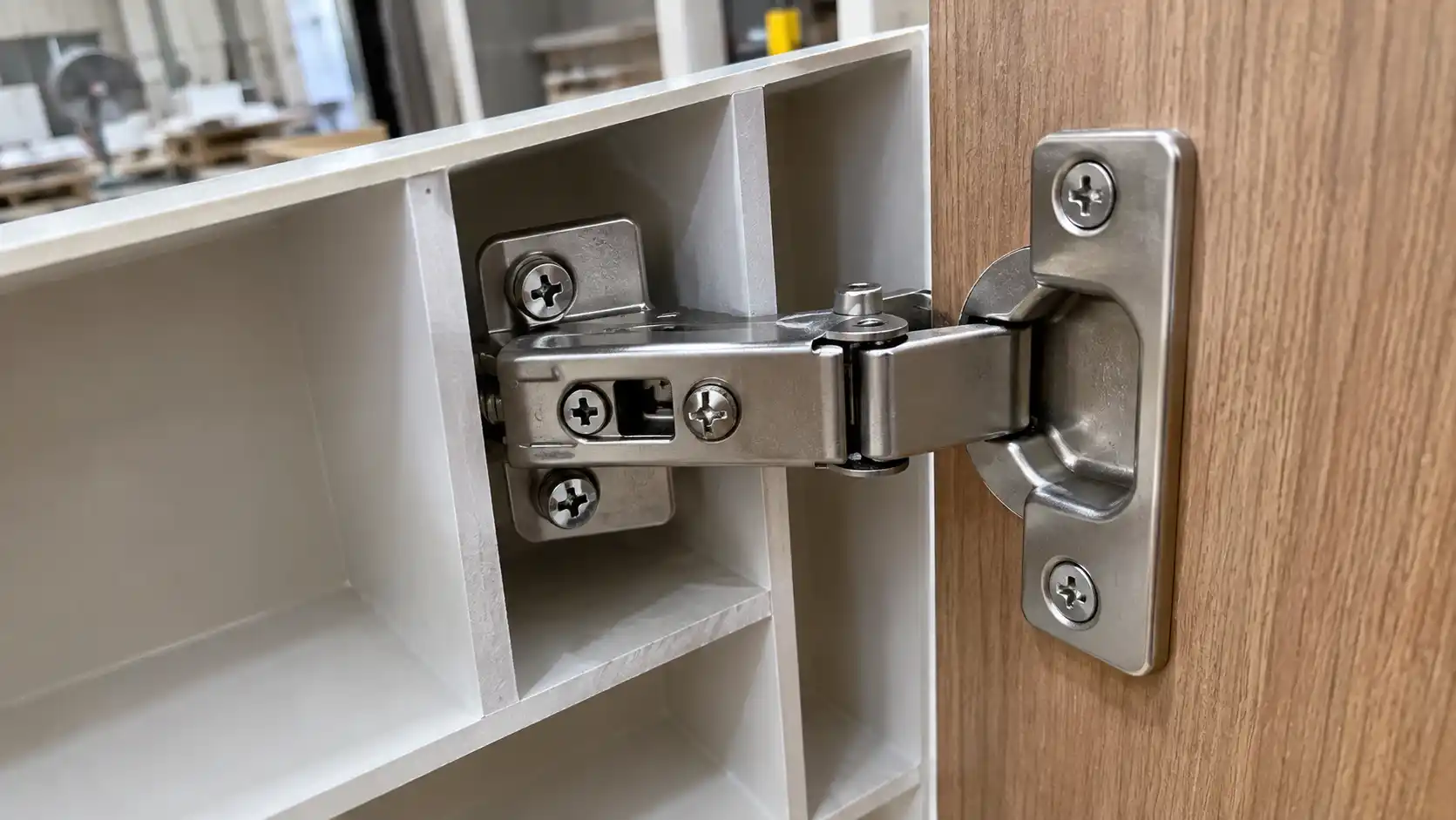 Thợ mộc thi công bắt vít bản lề giảm chấn ăn ngấu vào gân tăng cứng cánh tủ lavabo Ecoplast