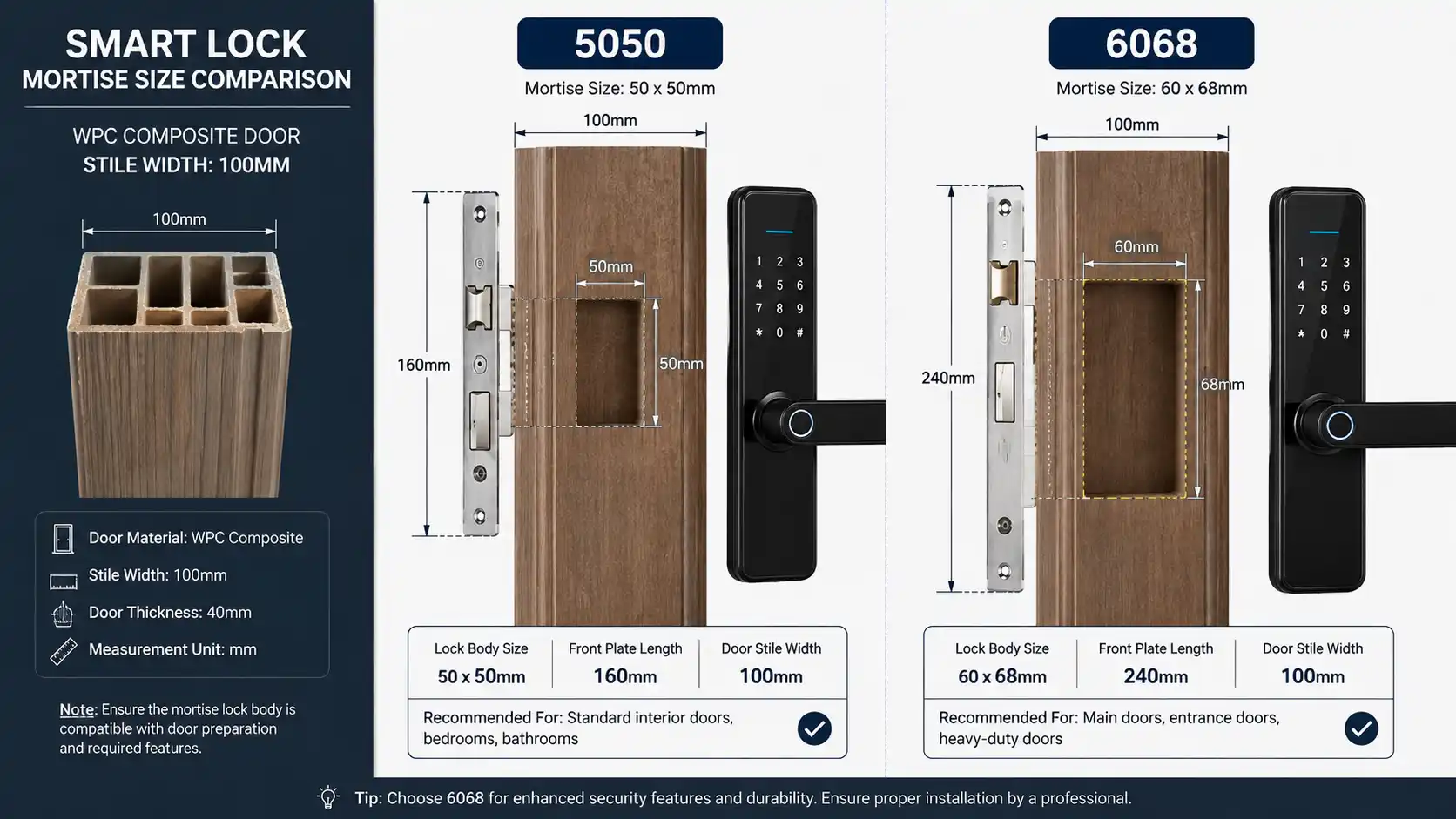 Bảng so sánh kích thước ruột khóa 5050 và 6068 khi khoét đố cửa nhựa composite