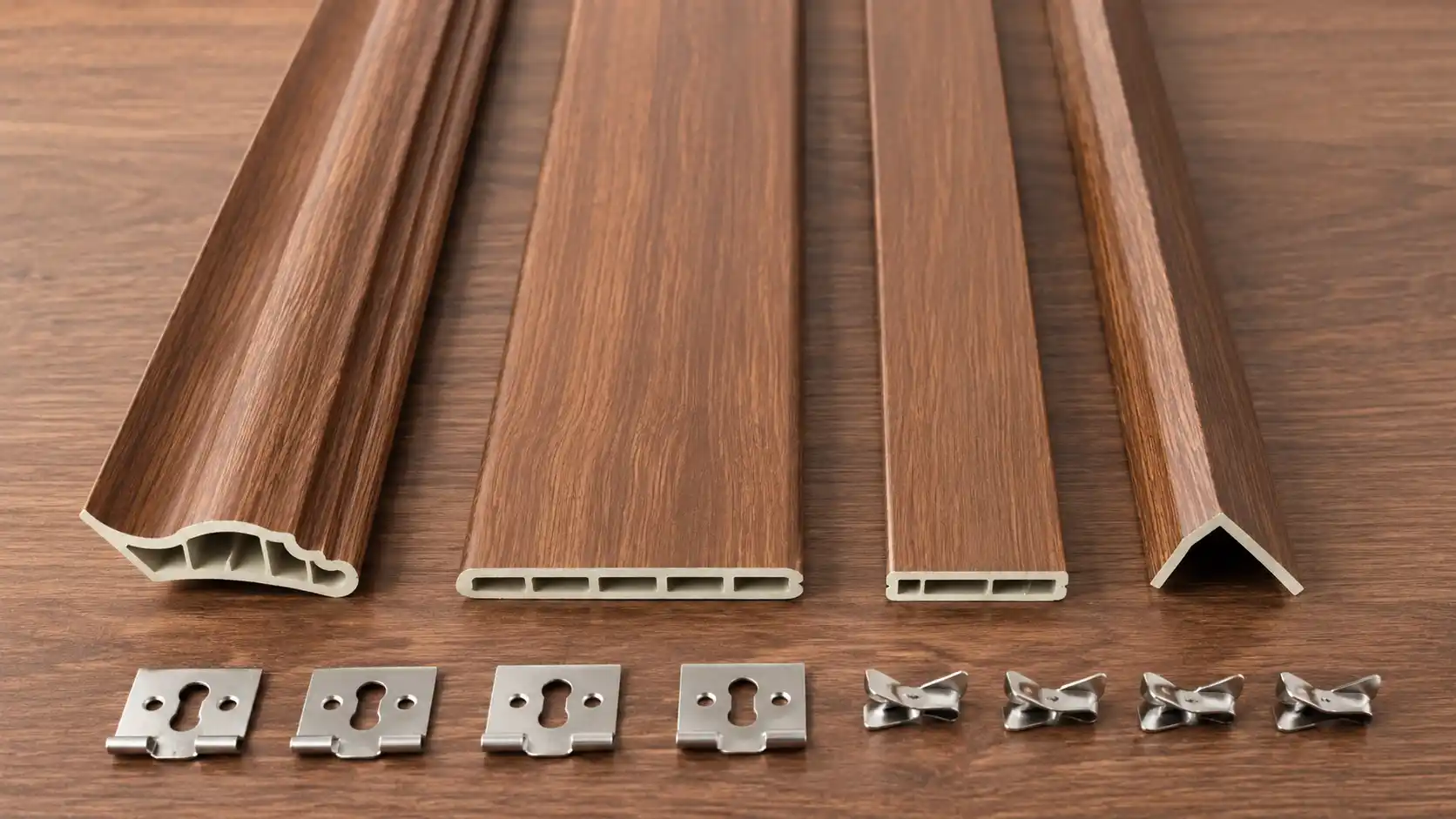 Bộ phụ kiện phào cổ trần phào chân tường nẹp V và ke inox tấm nano vân gỗ