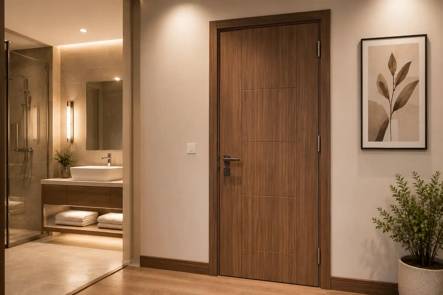 Cửa nhựa composite đồng bộ màu gỗ với hệ cửa phòng ngủ trong nhà