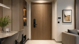 Cửa nhựa composite lắp được khóa vân tay không sang trọng cho căn hộ