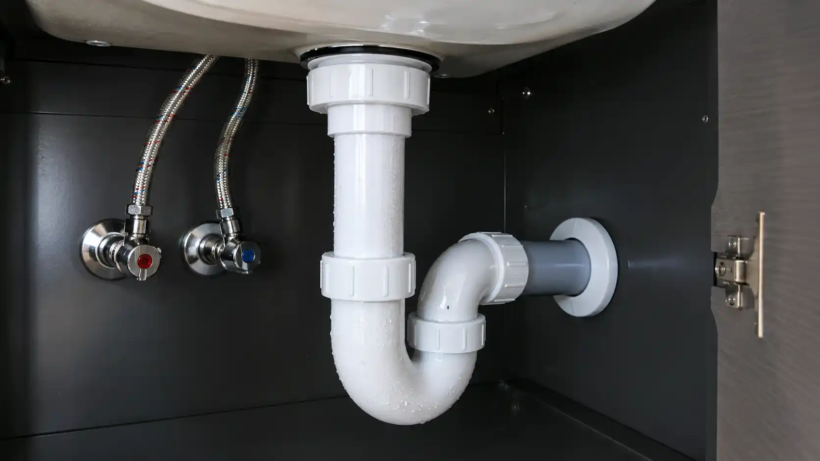 Đường ống xi phông thoát nước bồn rửa mặt ngưng tụ hơi ẩm trong khoang kín tủ lavabo