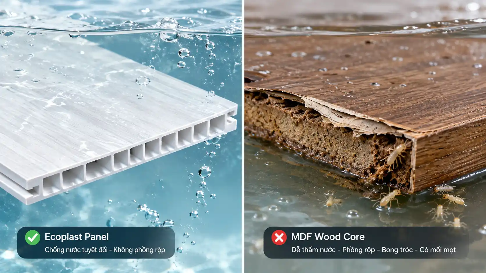 Khả năng chống nước và ngăn mối mọt của tấm nhựa Ecoplast so với gỗ MDF