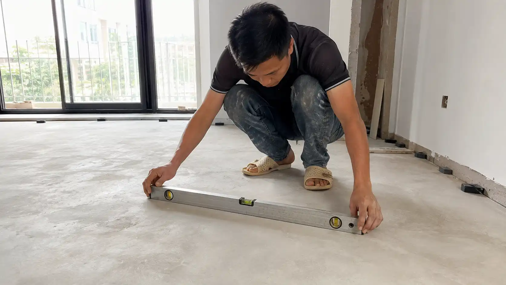 Kiểm tra độ phẳng cốt nền trước khi thi công sàn nhựa hèm khóa SPC
