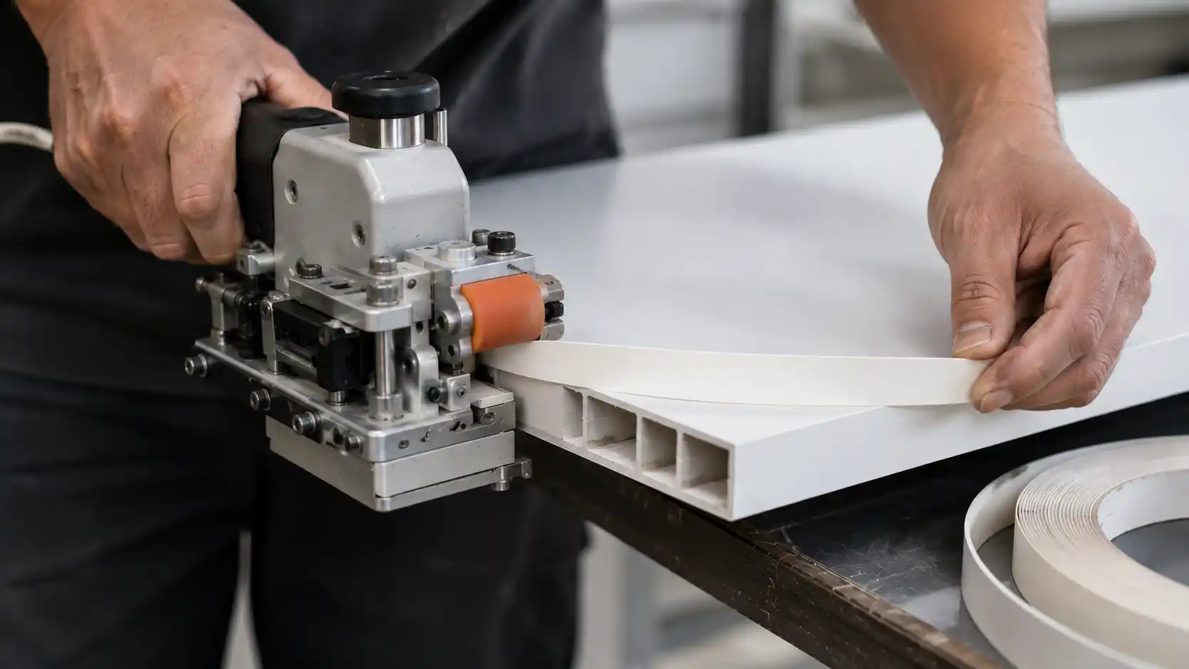 Kỹ thuật dán nẹp viền mép tấm nhựa và lắp phụ kiện bản lề giảm chấn