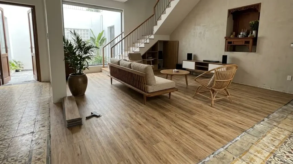 Lát sàn nhựa hèm khóa đè lên gạch cũ cải tạo phòng khách sang trọng mộc mạc