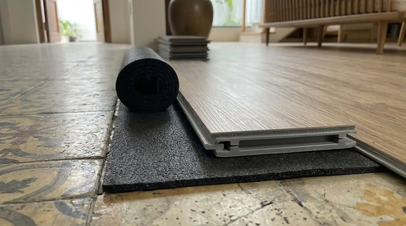 Lớp xốp lót EVA 1.5mm trải dưới sàn nhựa hèm khóa đè nền gạch cũ triệt tiêu độ chênh ron